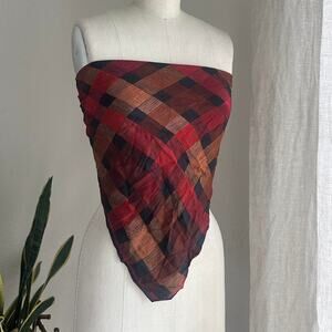 Vintage Scarf Red Black Brown Plaid Silk Triangle Top Classic